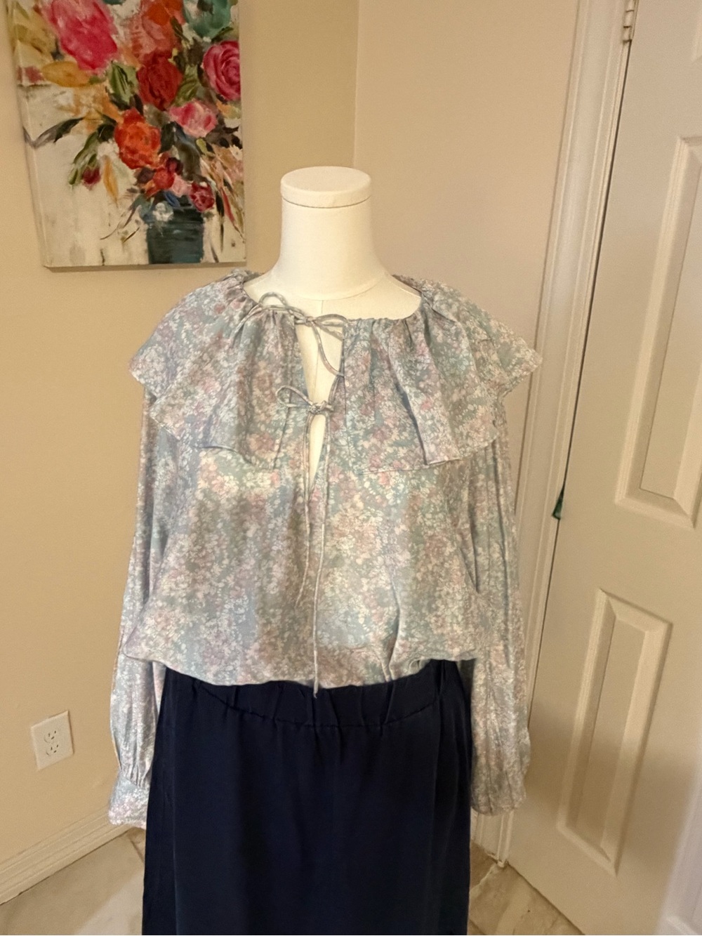H&M Pastel Floral Tie-Neck Blouse in Light Blue and Pink